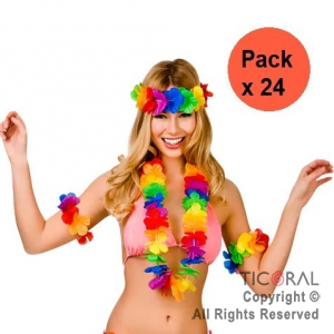 SET HAWAIANO FLOREADO FLUO VINCHA COLLAR Y PULSERA X 24